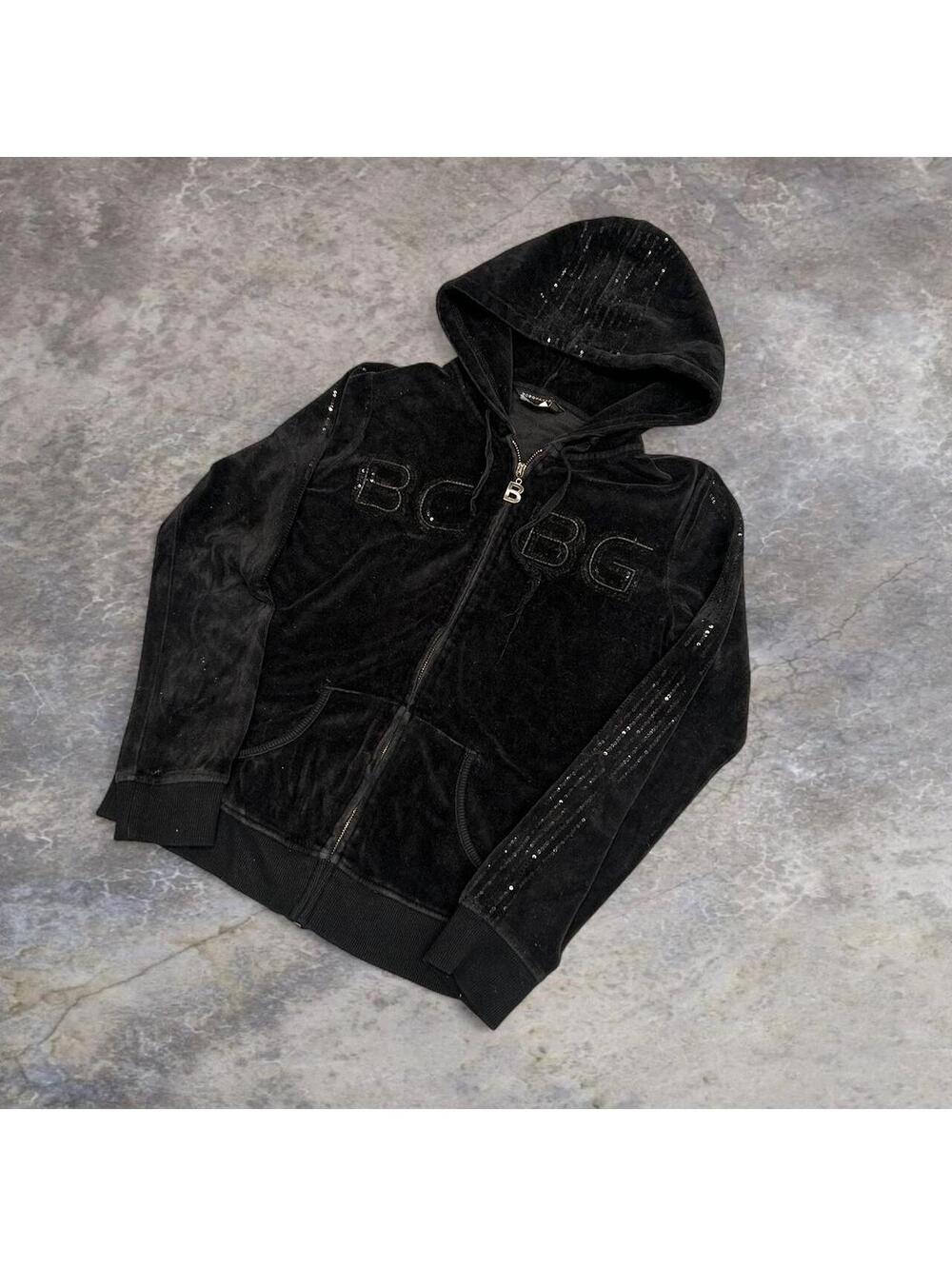 Black velvet BCBG zip-up hoodie with spell out logo #y2kfashion